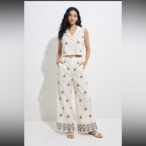 Bombay & Paisley Embroidered Cotton Linen Crop Top & Wide Leg Pants Set  L/XL